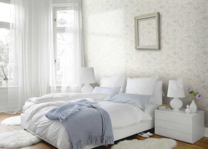 Дизайн интерьера современной спальни в белом цвете. Обои фирмы Rasch. Коллекция Home passion 2014