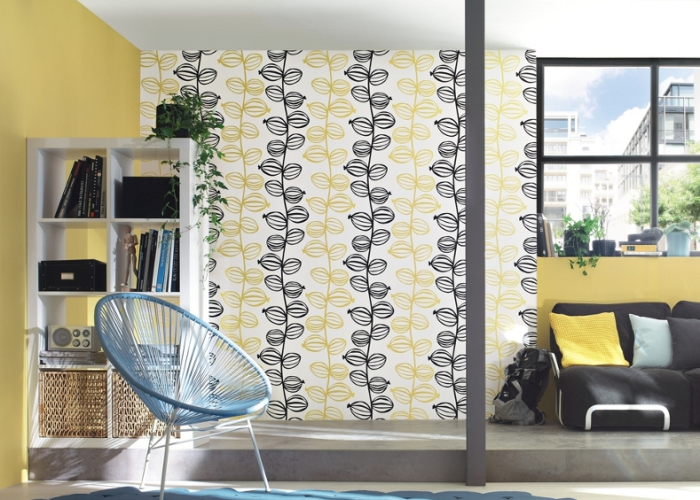 Дизайн интерьера современной яркой гостиной в желтом цвете. Обои фирмы Rasch. Коллекция Just me! 2014