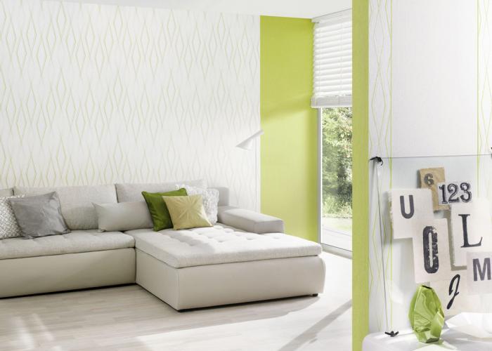 Дизайн интерьера стильной небольшой комнаты в светло-зеленых тонах. Обои Jette