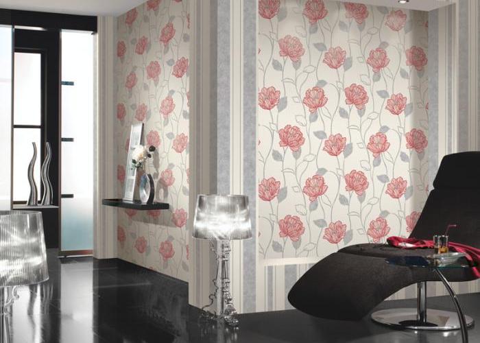 Дизайн интерьера современной гостиной в серо-розовом цвете. Обои P+S. Коллекция Fresh Start