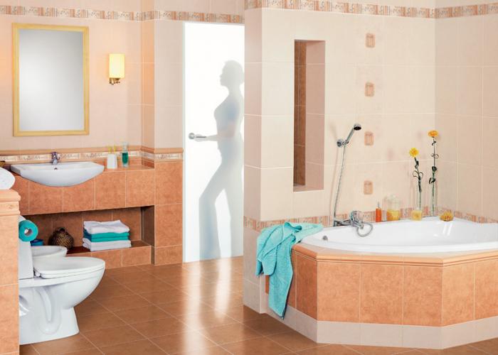 Дизайн маленькой ванной комнаты в оранжевом цвете. Плитка для ванной Cersanit. Коллекция Cyrkona