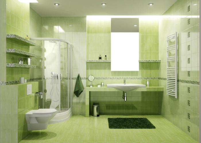 Дизайн ванной комнаты в зеленом цвете. Керамическая плитка для ванной Cersanit. Коллекция Farina