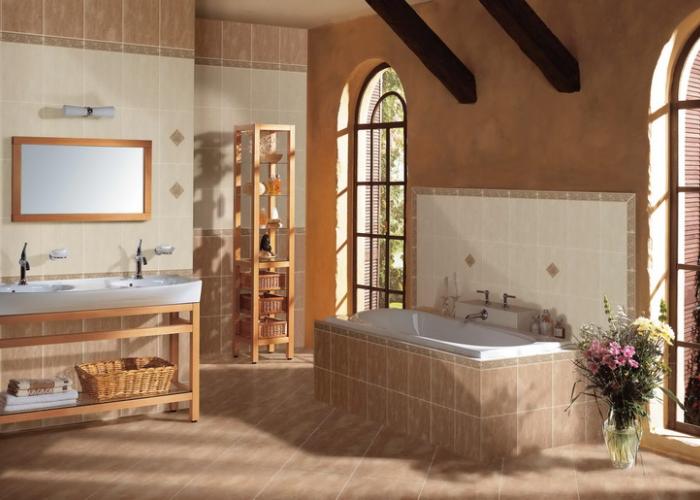 Дизайн ванной комнаты в коричневом цвете. Плитка для ванной Cersanit. Коллекция Felce