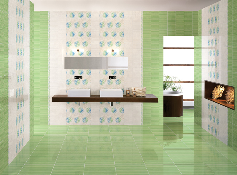 Дизайн отделки ванной комнаты в зеленом цвете. Керамическая плитка для ванной Cersanit