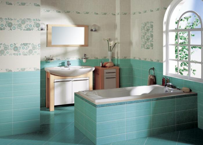 Дизайн маленькой ванной комнаты в голубом цвете. Плитка для ванной Cersanit. Коллекция Nastro