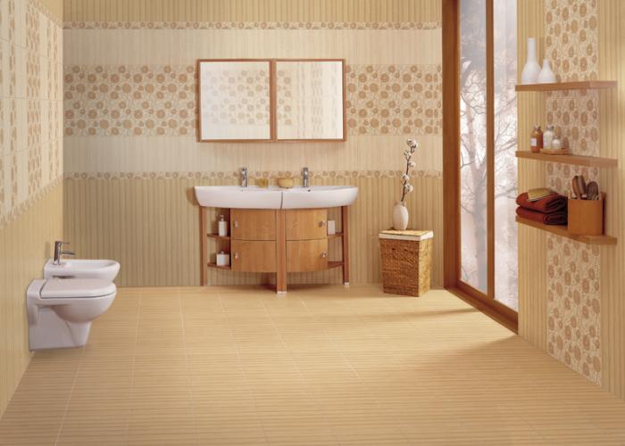 Дизайн ванной комнаты в бежевом цвете. Керамическая плитка для ванной Cersanit. Коллекция Opera