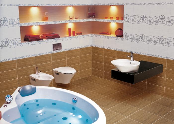 Дизайн отделки маленькой ванной комнаты в коричневом цвете. Плитка для ванной Cersanit