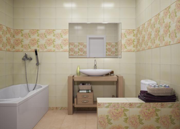 Дизайн ванной комнаты в бежевом цвете. Плитка для ванной Уралкерамика. Коллекция Вивьен
