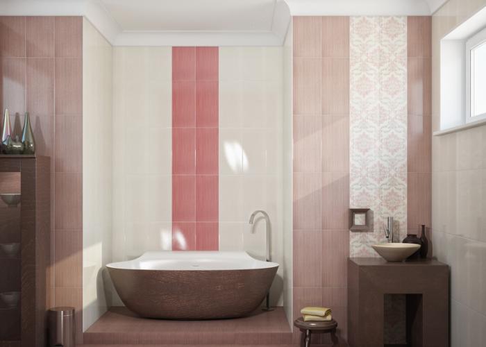 Дизайн ванной комнаты в розовом цвете. Плитка для ванной Уралкерамика. Коллекция Жаккард