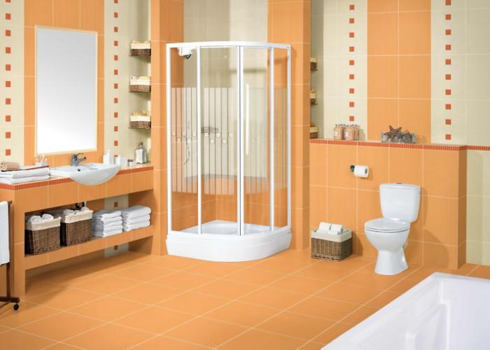 Дизайн ванной комнаты в оранжевом цвете. Плита для ванной Cerzanit. Коллекция 33х44