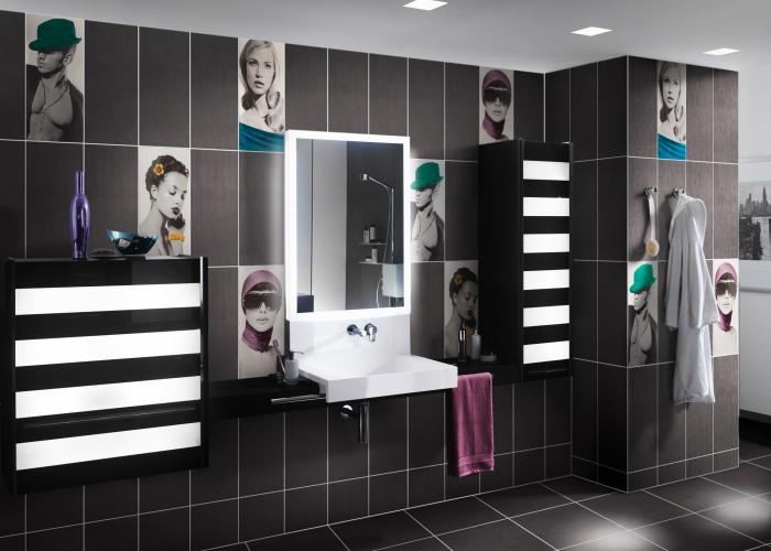 Дизайн интерьера модной ванной комнаты в черном цвете. Плитка для ванной Атем. Коллекция Cuba