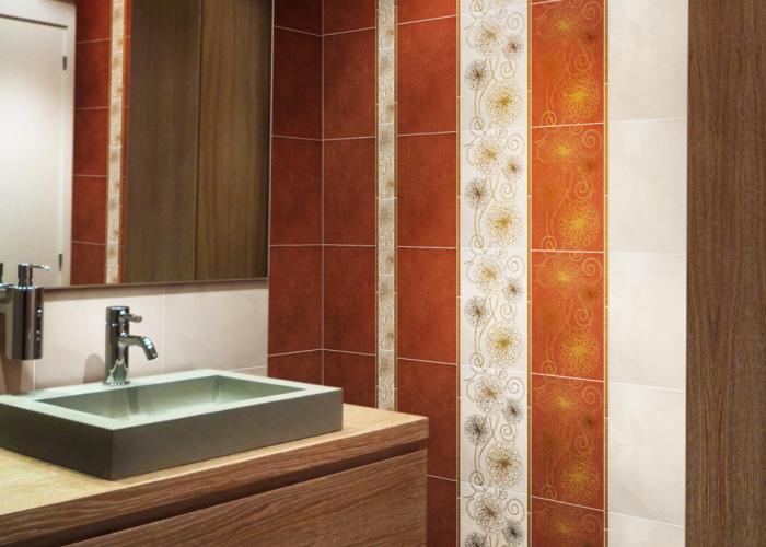 Дизайн ванной комнаты в оранжевом цвете со светлым декором. Плитка фирмы Атем. Коллекция Irma