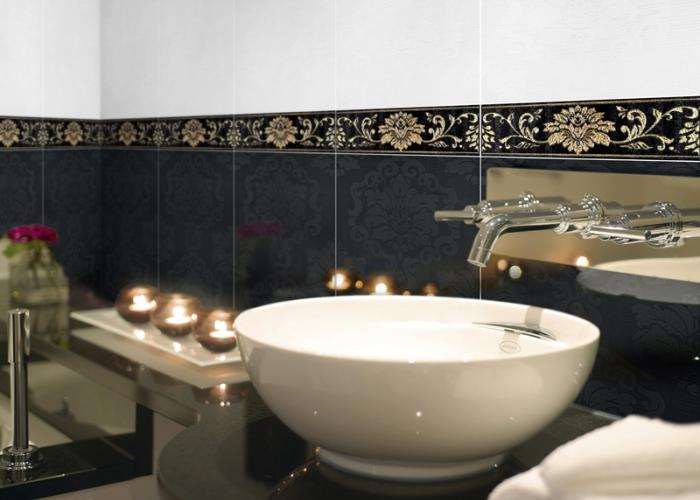 Дизайн интерьера ванной комнаты в классическом черно-белом исполнении. Плитка для ванной Атем