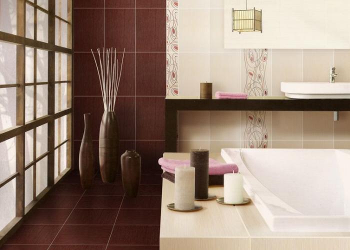 Дизайн современной ванной комнаты в японском стиле. Плитка для ванной Атем. Коллекция Sakura