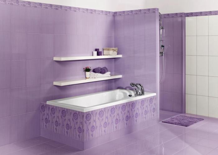 Дизайн ванной комнаты в сиреневом цвете. Плитка для ванной Cersanit. Коллекция 25х40