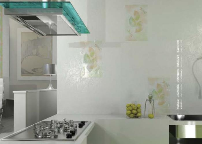 Дизайн интерьера красивой белой кухни в светлых тонах. Плитка Нефрит-керамика. Коллекция Элит-класс